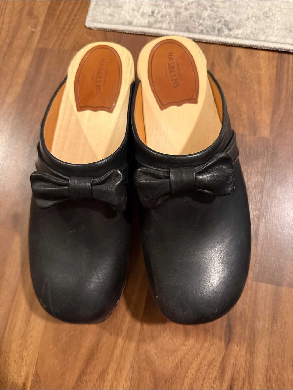 Swedish Hasbeens Black Leather Bow Clogs
